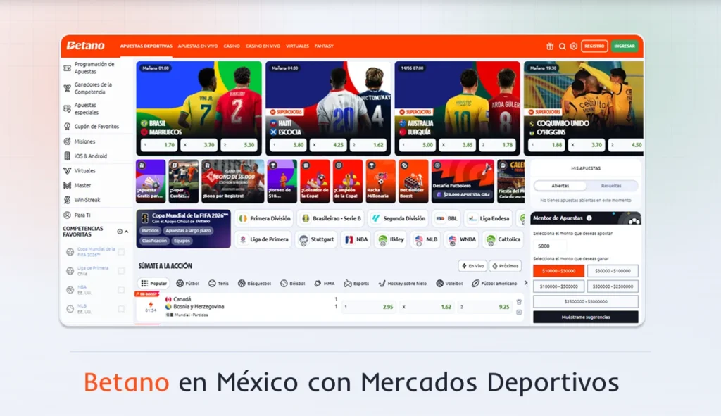 Plataforma de Betano México con mercados deportivos
