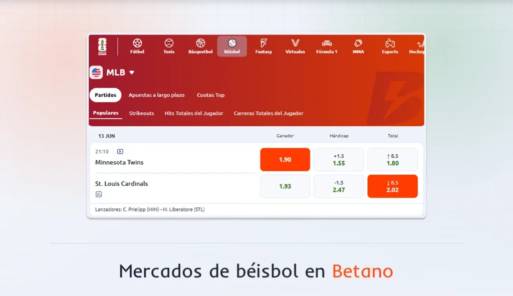 Mercados de béisbol en Betano con cuotas disponibles