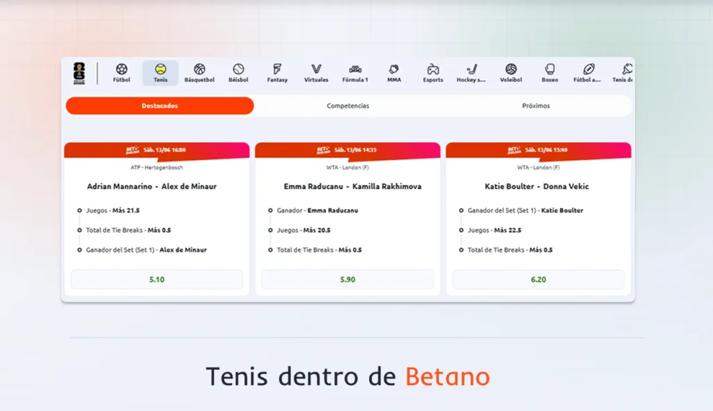 Sección de tenis en Betano con torneos disponibles